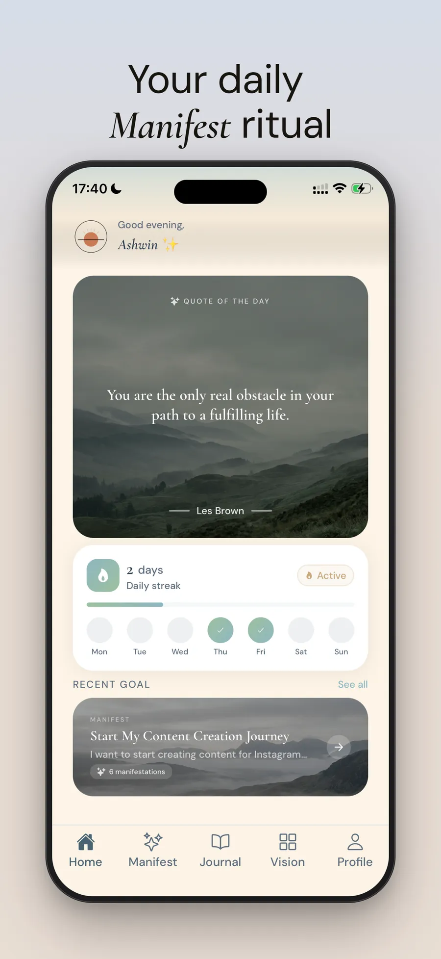 Daily home ritual with quote and streak